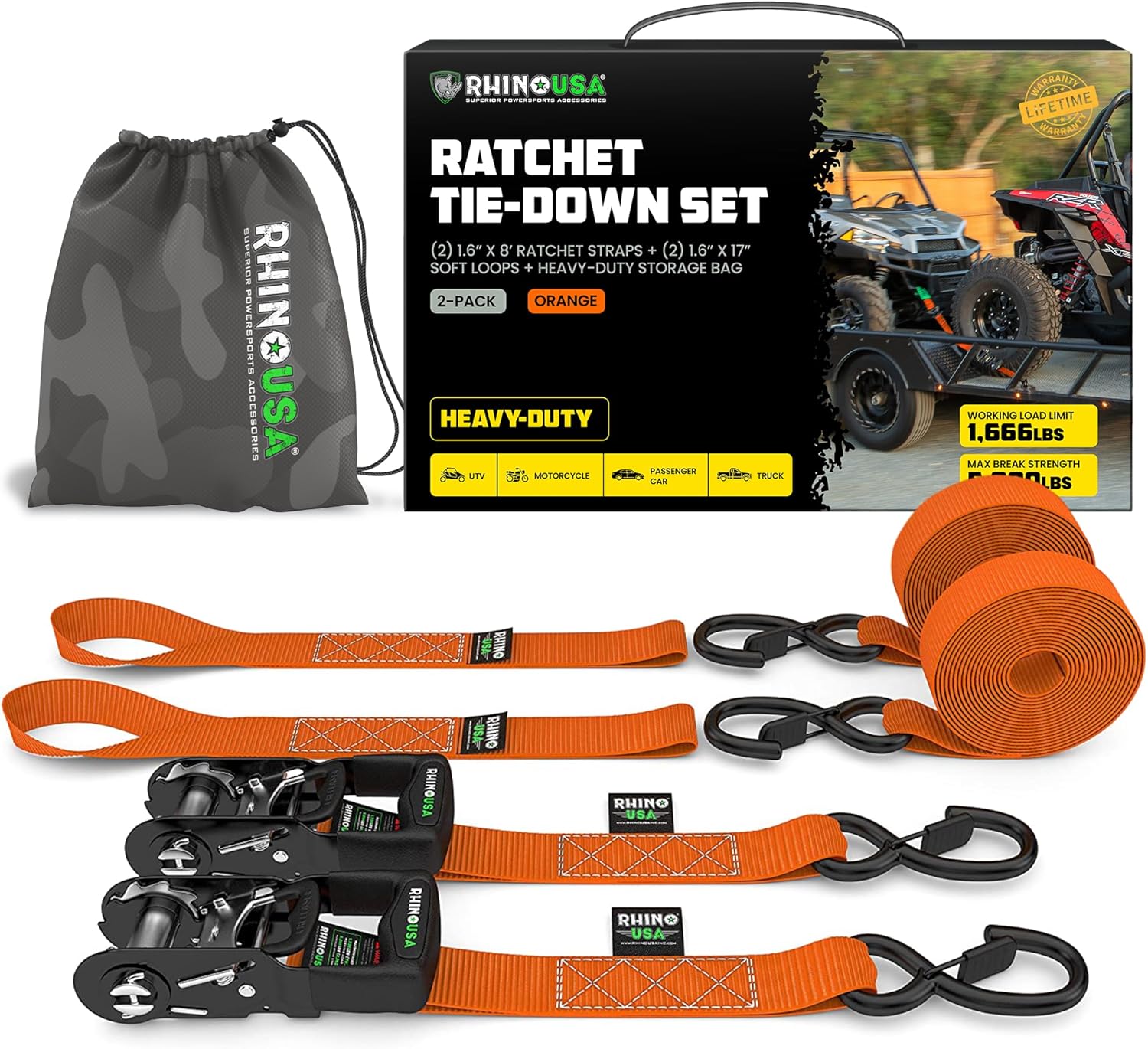 Rhino USA Ratchet Straps Heavy Duty Kit for Secure Transport
