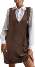 Women Oversized V Neck Sweater Vest Dress with Pockets - Layering