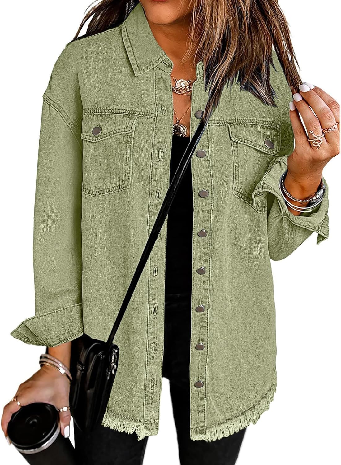 Oversized Button Up Frayed Hem Shacket for Women - Denim Style