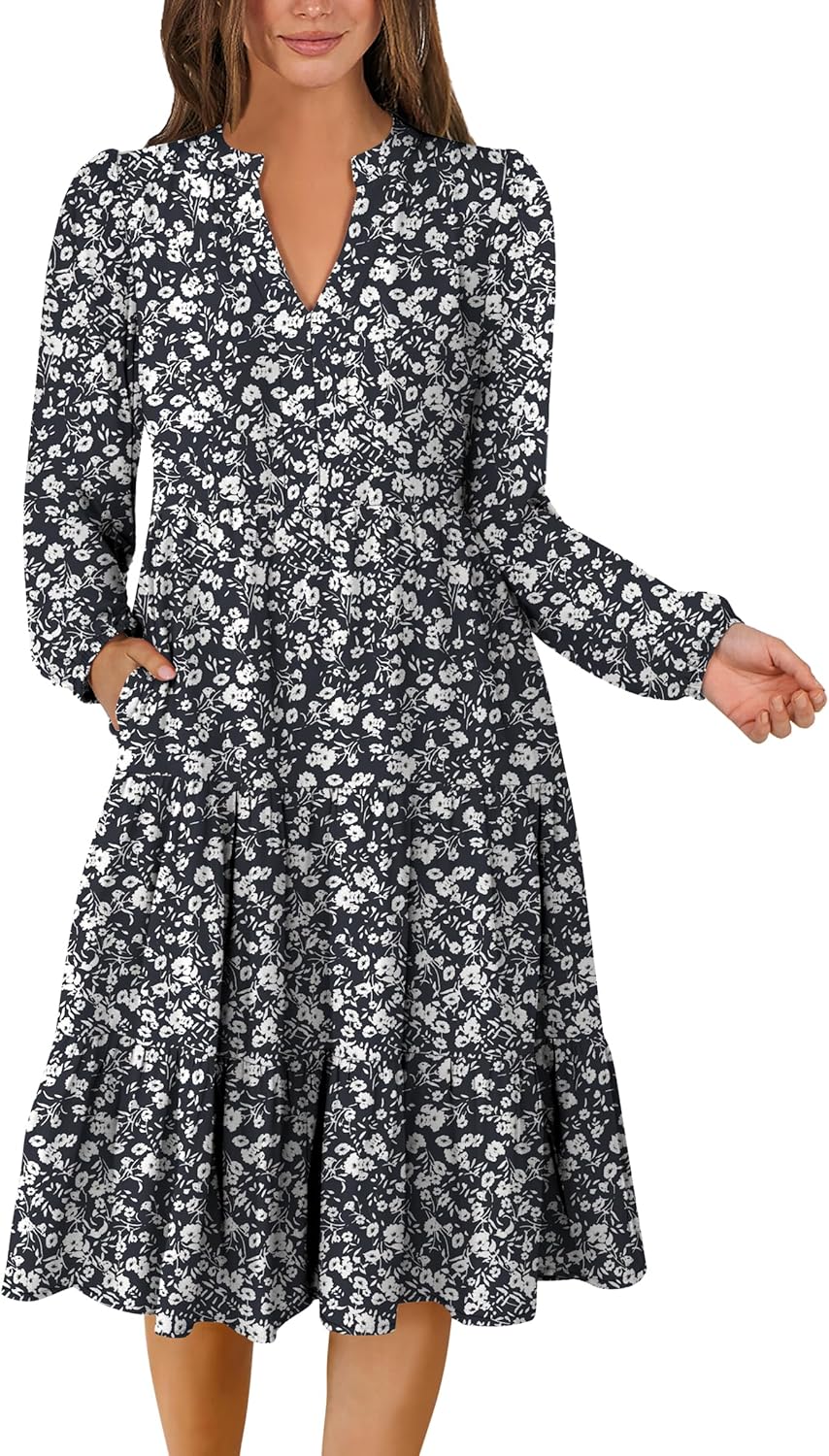ANRABESS Long Sleeve Midi Dress for Women - Casual Boho Style