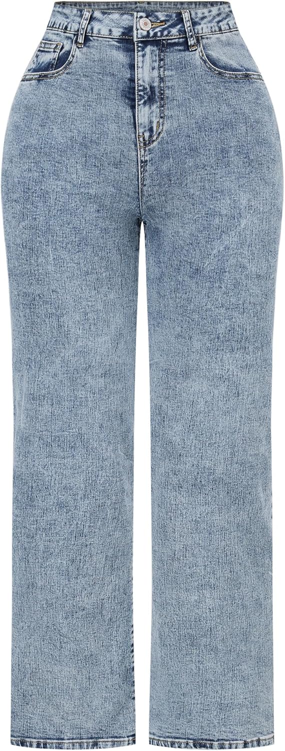 High Waisted Wide Leg Jeans for Women - Stretchy Distressed Denim