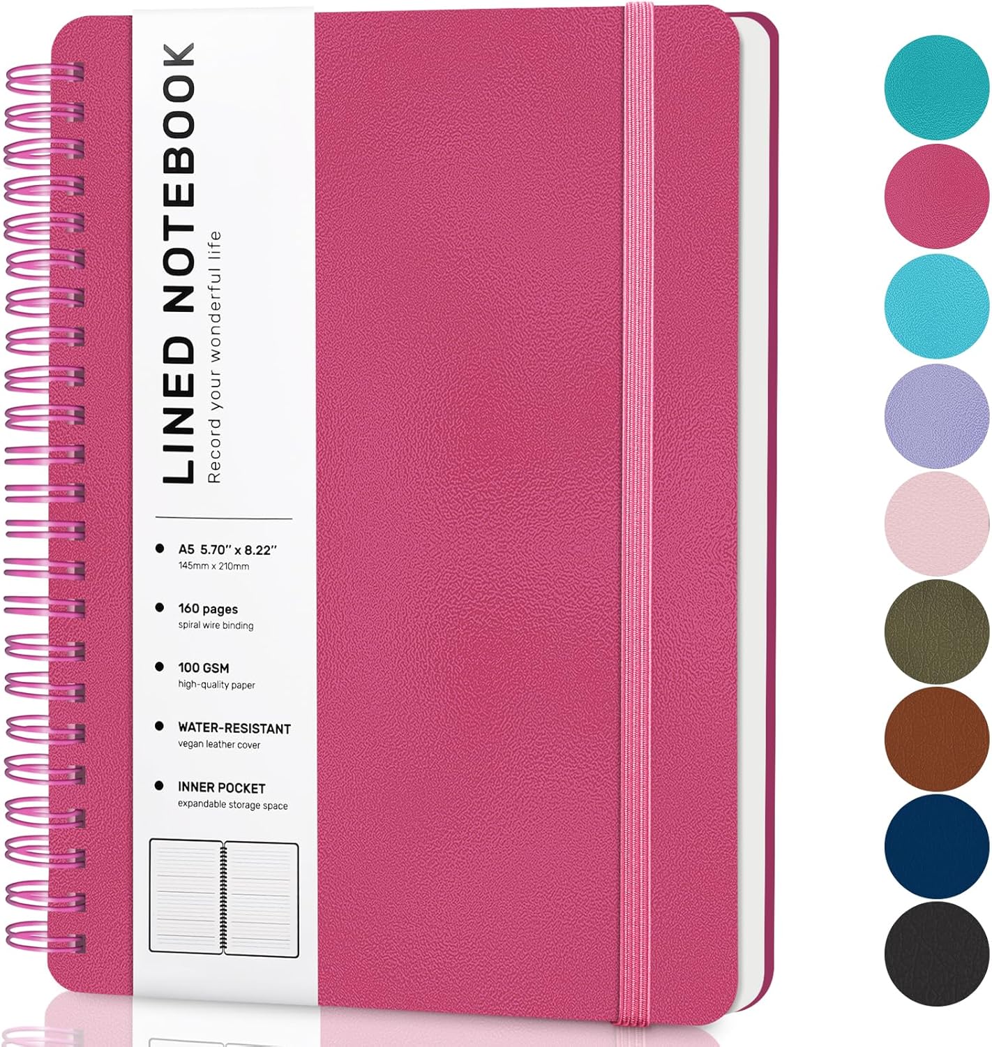 A5 Raspberry Spiral Notebook, 160 Pages, College Ruled, Hardcover - Perfect for Work & School
