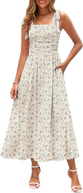 Womens Spaghetti Strap Floral Maxi Dress with Pockets - Flowy Beach