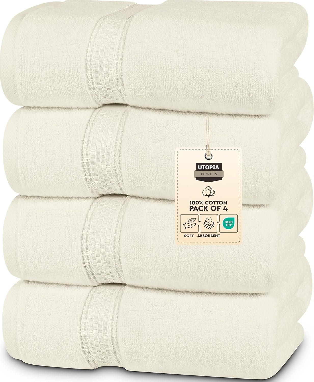 Premium Bath Towels Set of 4, 27 by 54 Inches, Ivory Color