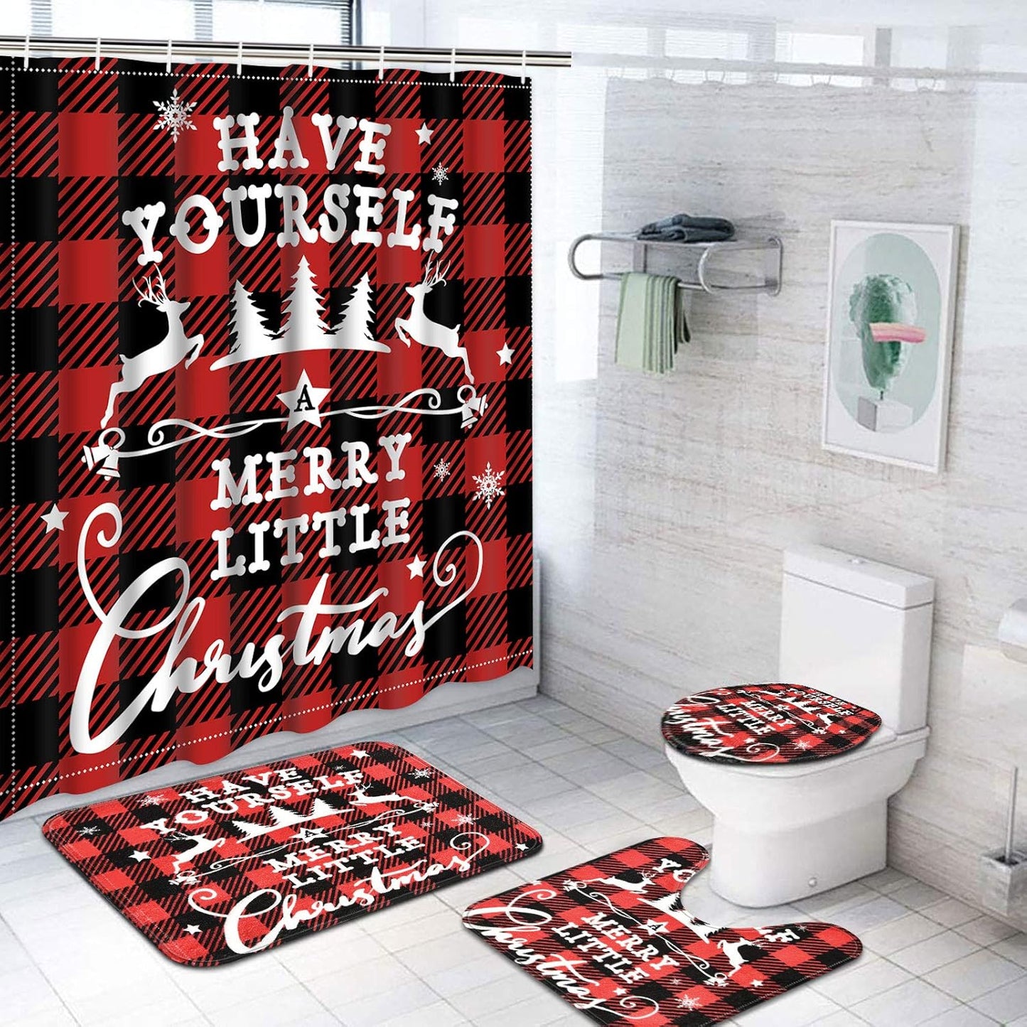 Red Buffalo Plaid Xmas Shower Set - Festive Bathroom Decor