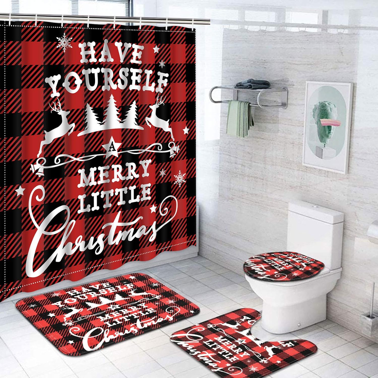 Red Buffalo Plaid Xmas Shower Set - Festive Bathroom Decor