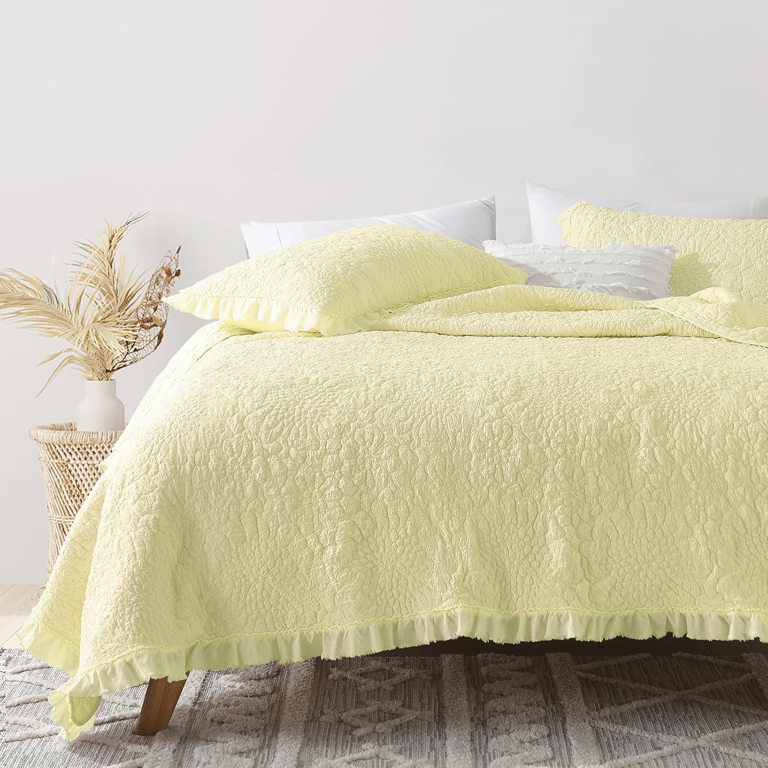 Light Yellow Ruffled Quilt King Size for Rustic Farmhouse Decor