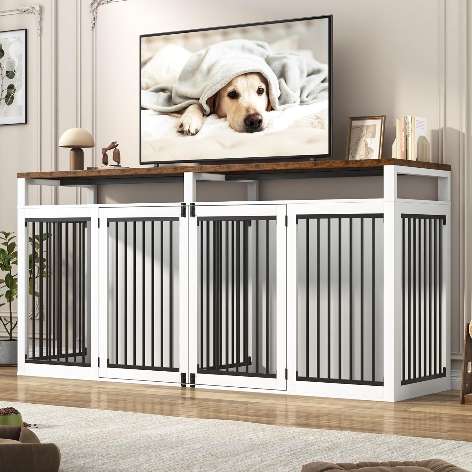 87In Farmhouse Dog Crate TV Stand for Large Dogs with 4 Locks