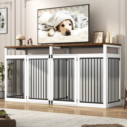 87In Farmhouse Dog Crate TV Stand for Large Dogs with 4 Locks