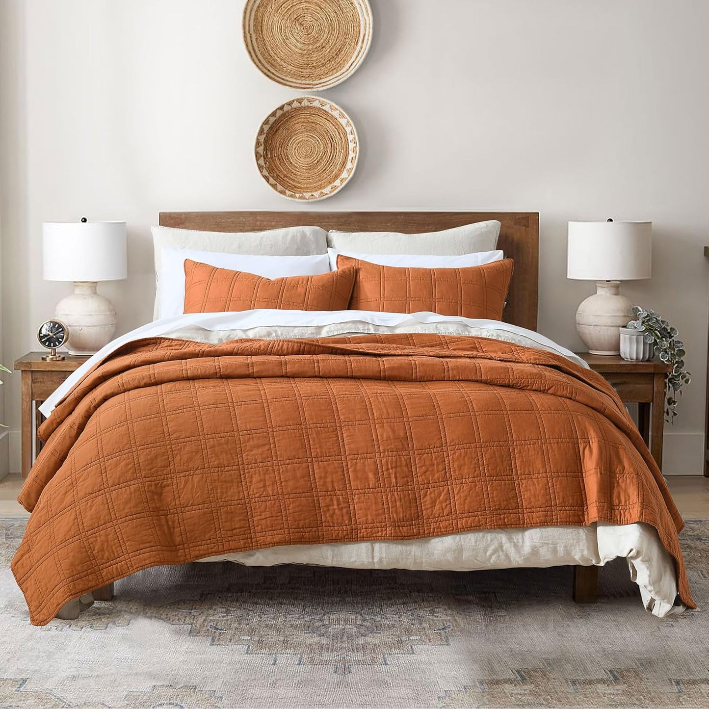 100% Cotton Quilt King Size Burnt Orange Bedspread Set