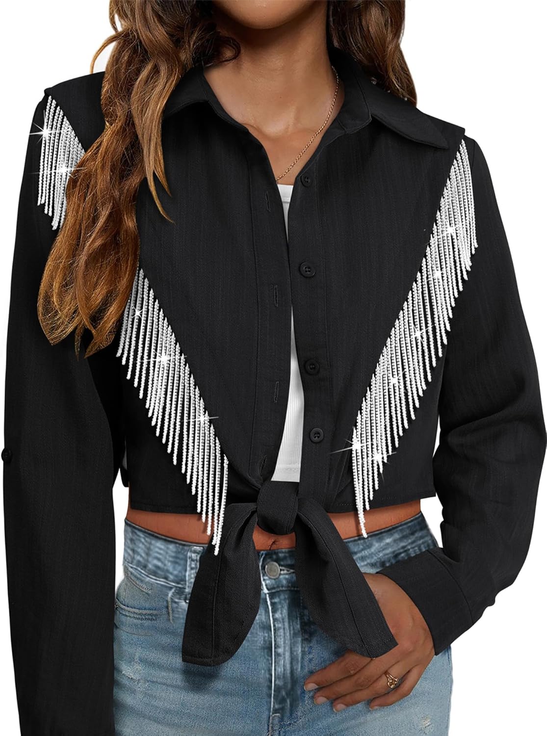 MYMORE Womens Sparkly Fringe Cropped Button Down Shirt for Cowgirls