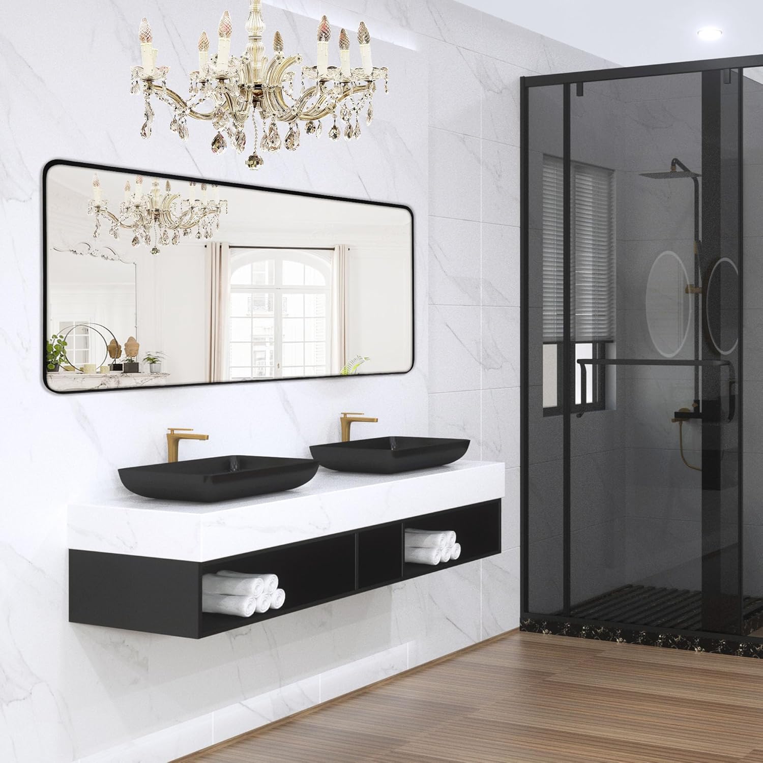 Wall Mount Mirror for Bathroom, Large Rounded Corner Design