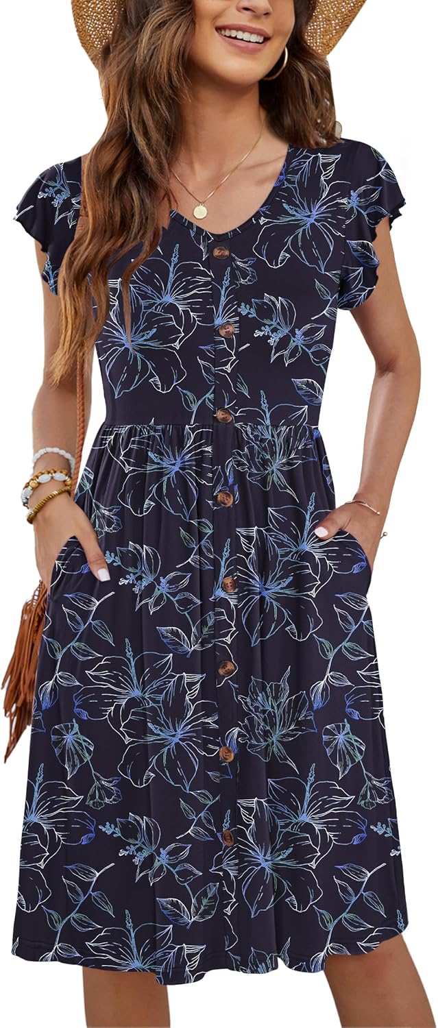 WNEEDU Women Summer Dresses Casual Loose Swing Midi Dress