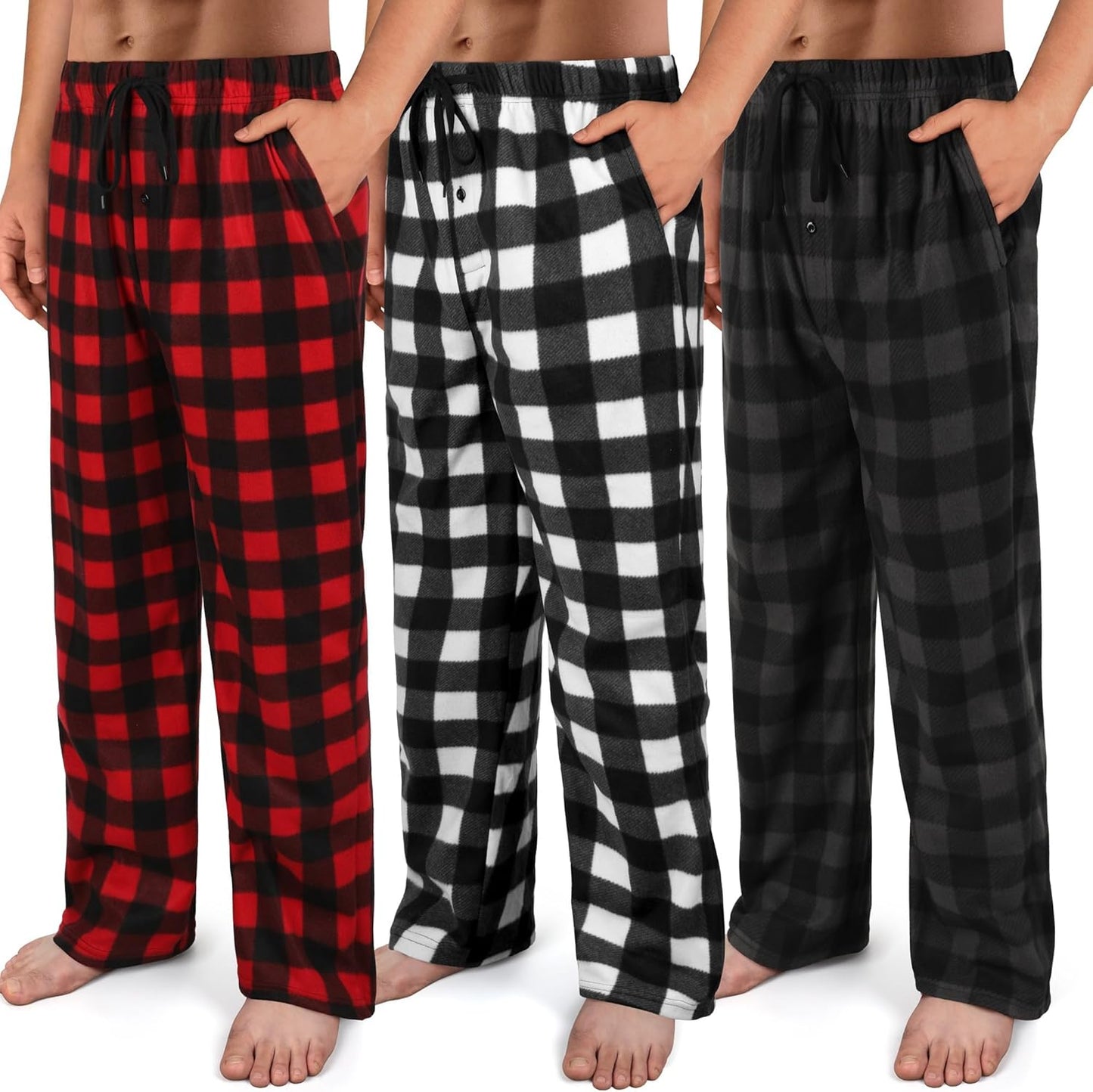 Microfleece Mens Pajama Pants 3 Pack with Pockets & Drawstring