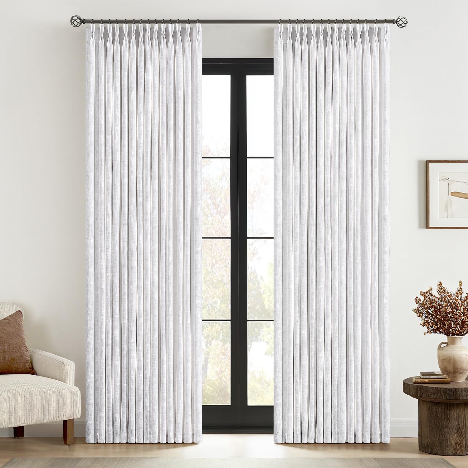 MIULEE Pinch Pleated White Thick Linen Curtains for Home Decor