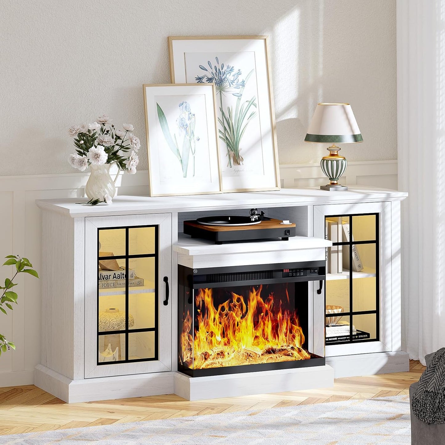 Nordivale 59'' Electric Fireplace TV Stand, LED Flames, White