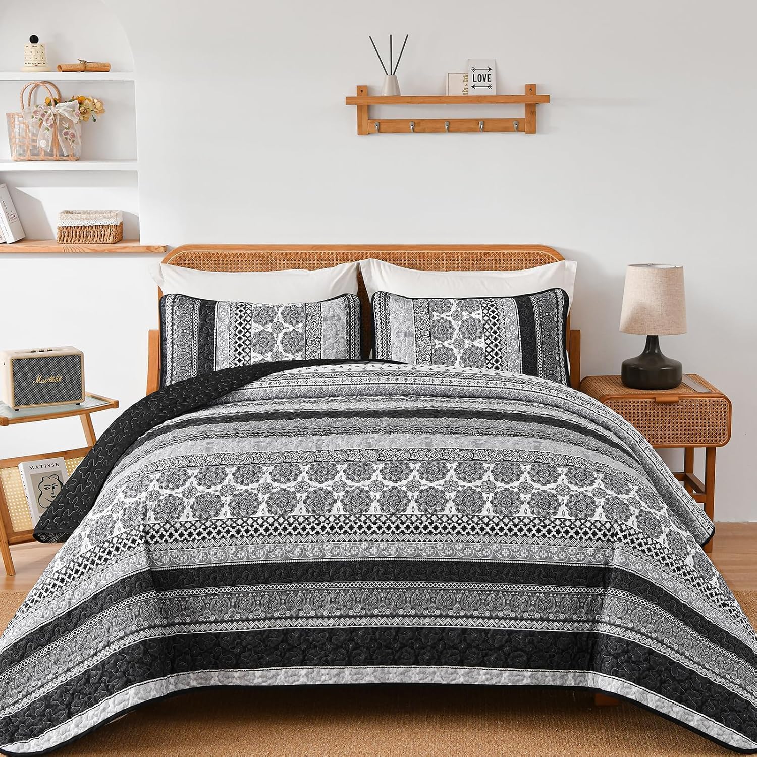 Boho Quilt Set Full Size by WONGS BEDDING - Grey Microfiber