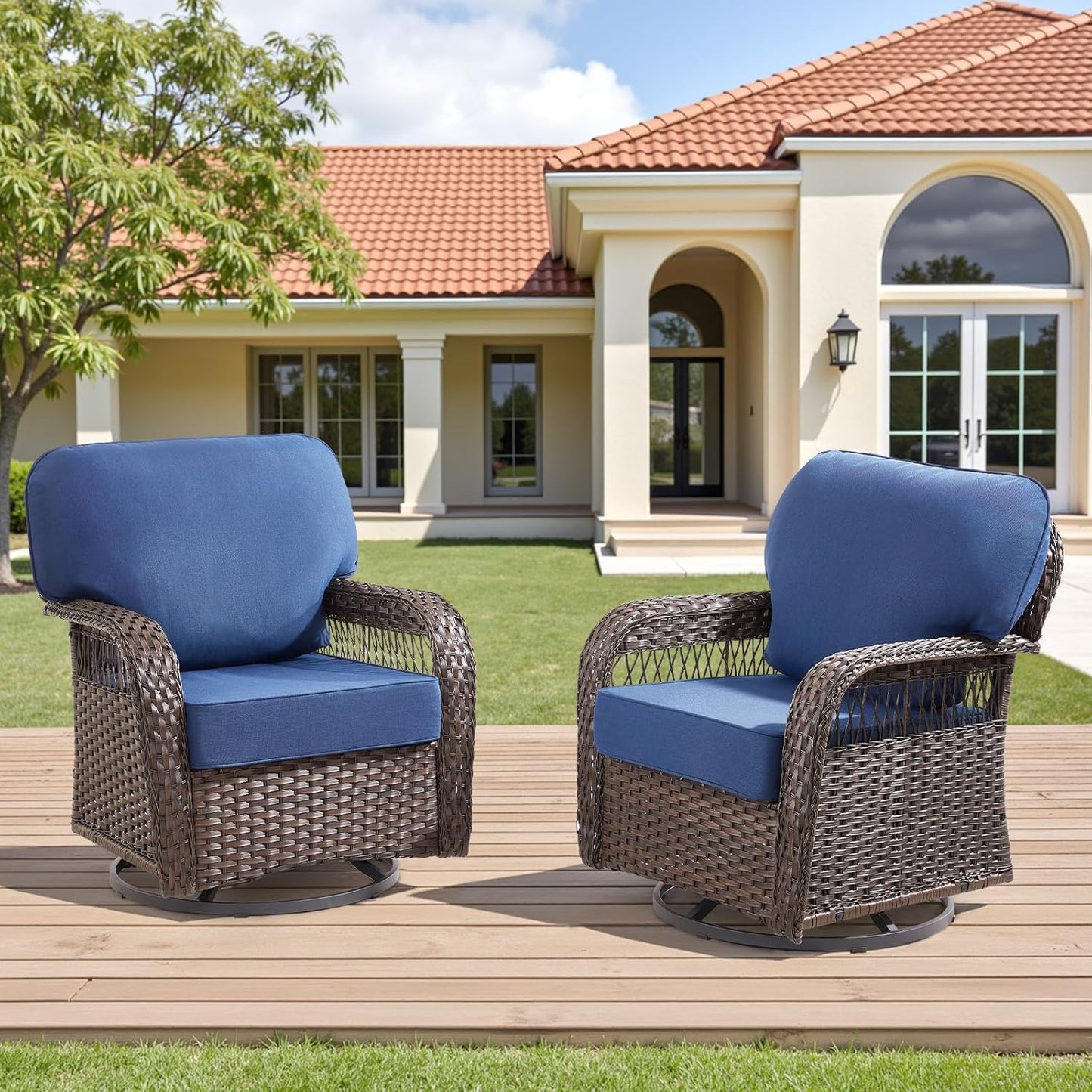 Outdoor Bliss: 2 Blue Wicker Swivel Rockers