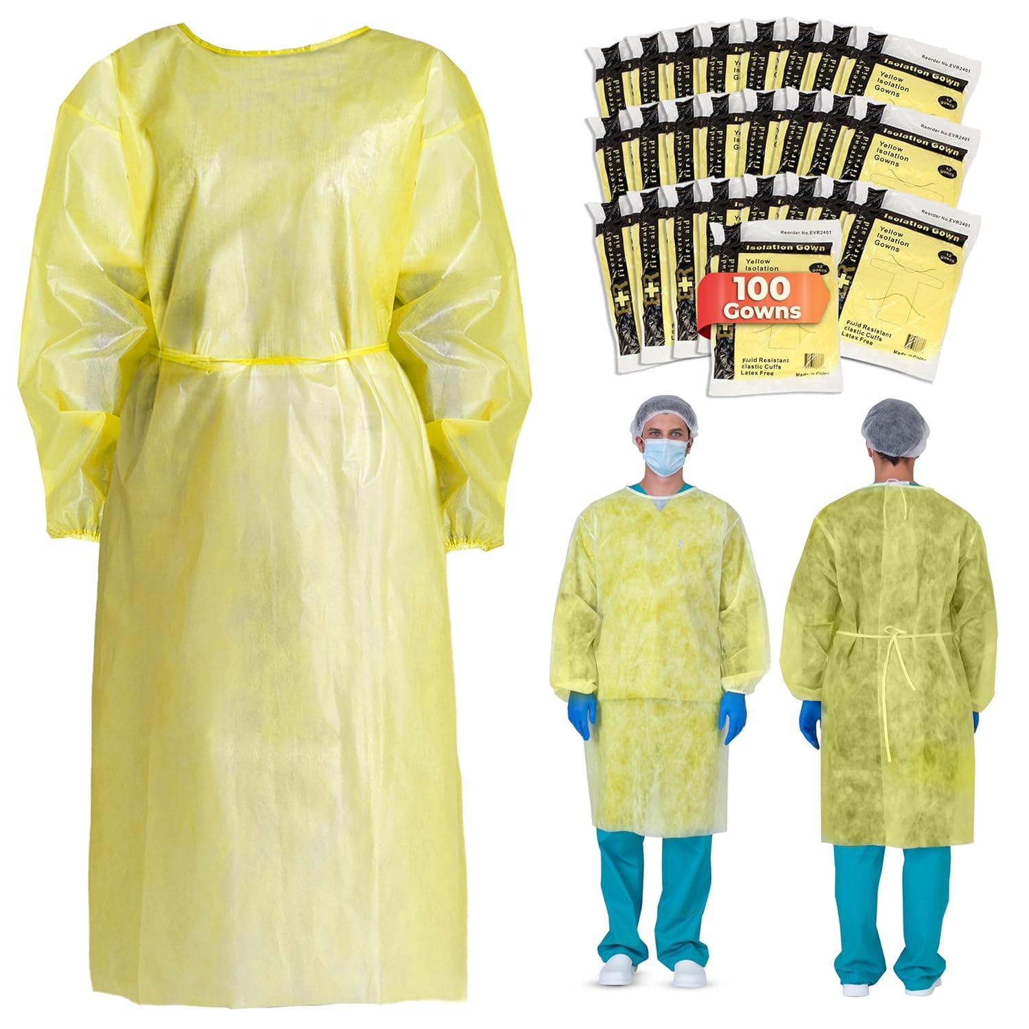 Disposable Isolation Gown with Elastic Wrists - 100 Count Case