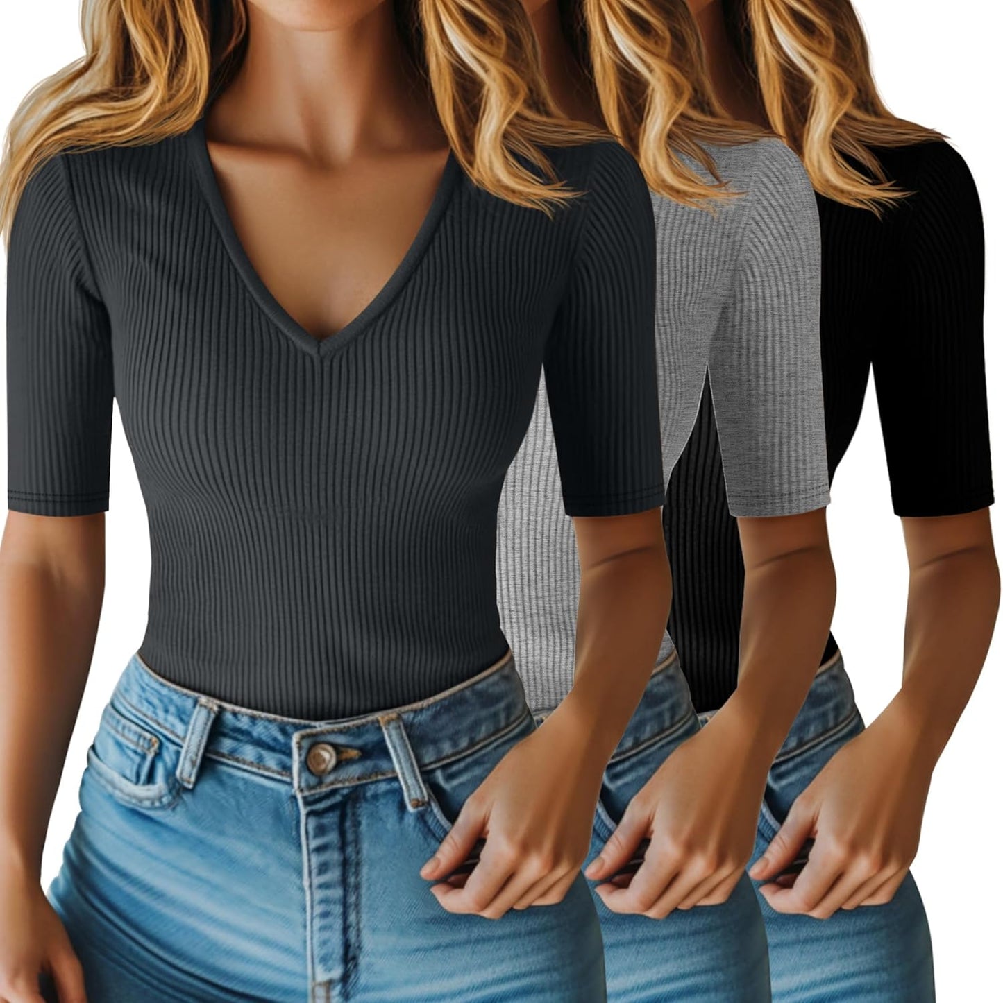 Riyiper Women's Half Sleeve Top V Neck Slim Fit Casual Blouses