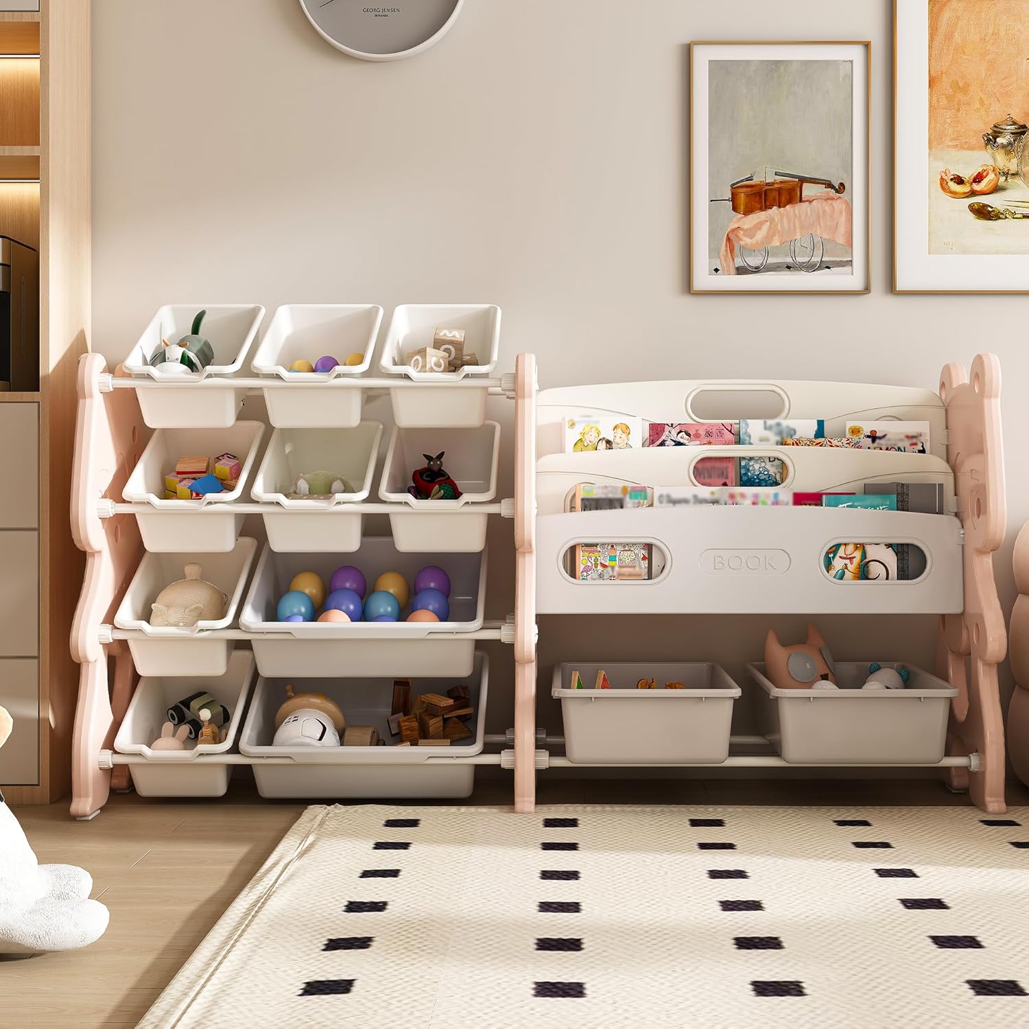 Large Toy Organizer with 12 Bins and 2-Tier Book Shelf for Kids
