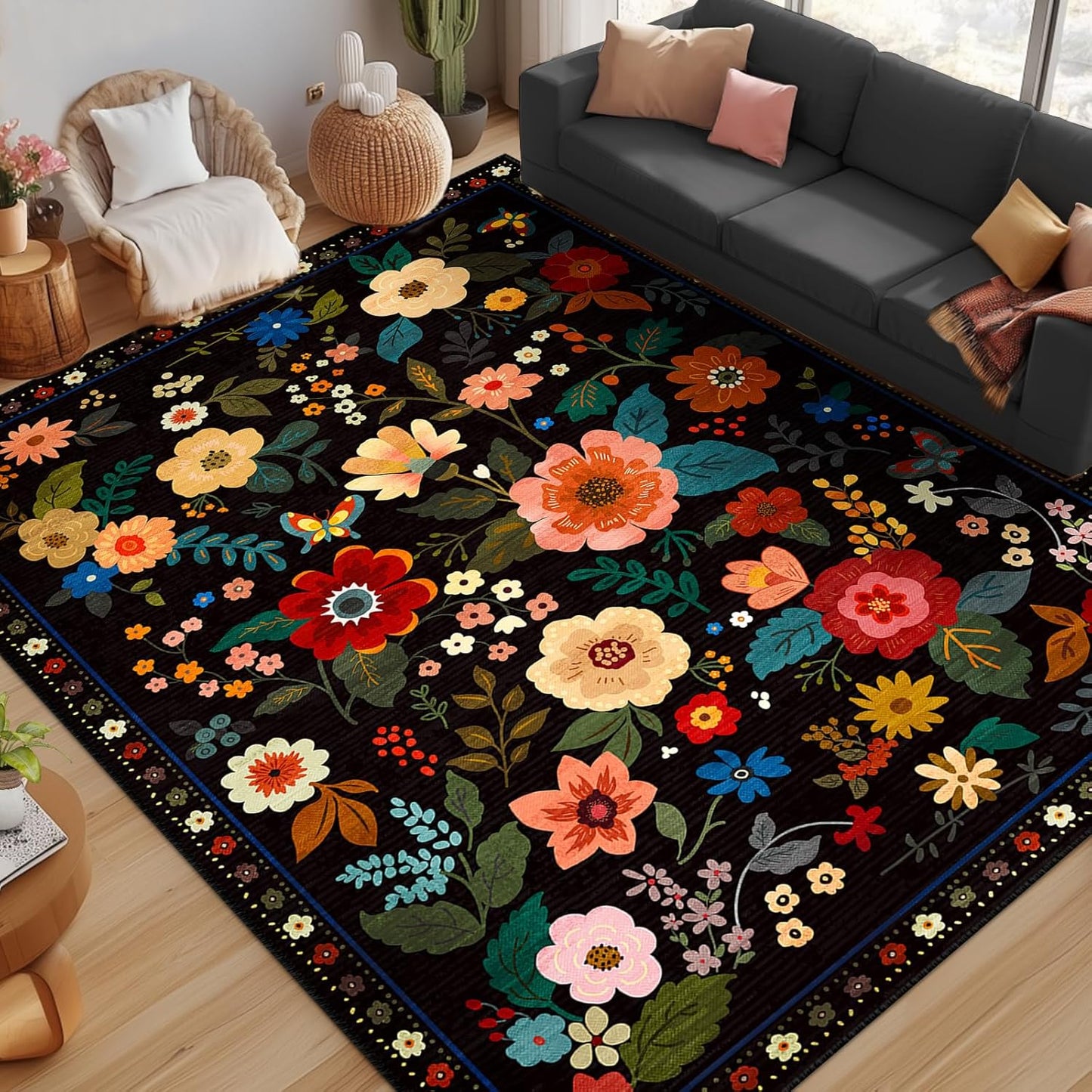 Floral 9x12 Area Rug Soft Print Boho Carpet Non Slip Doormat