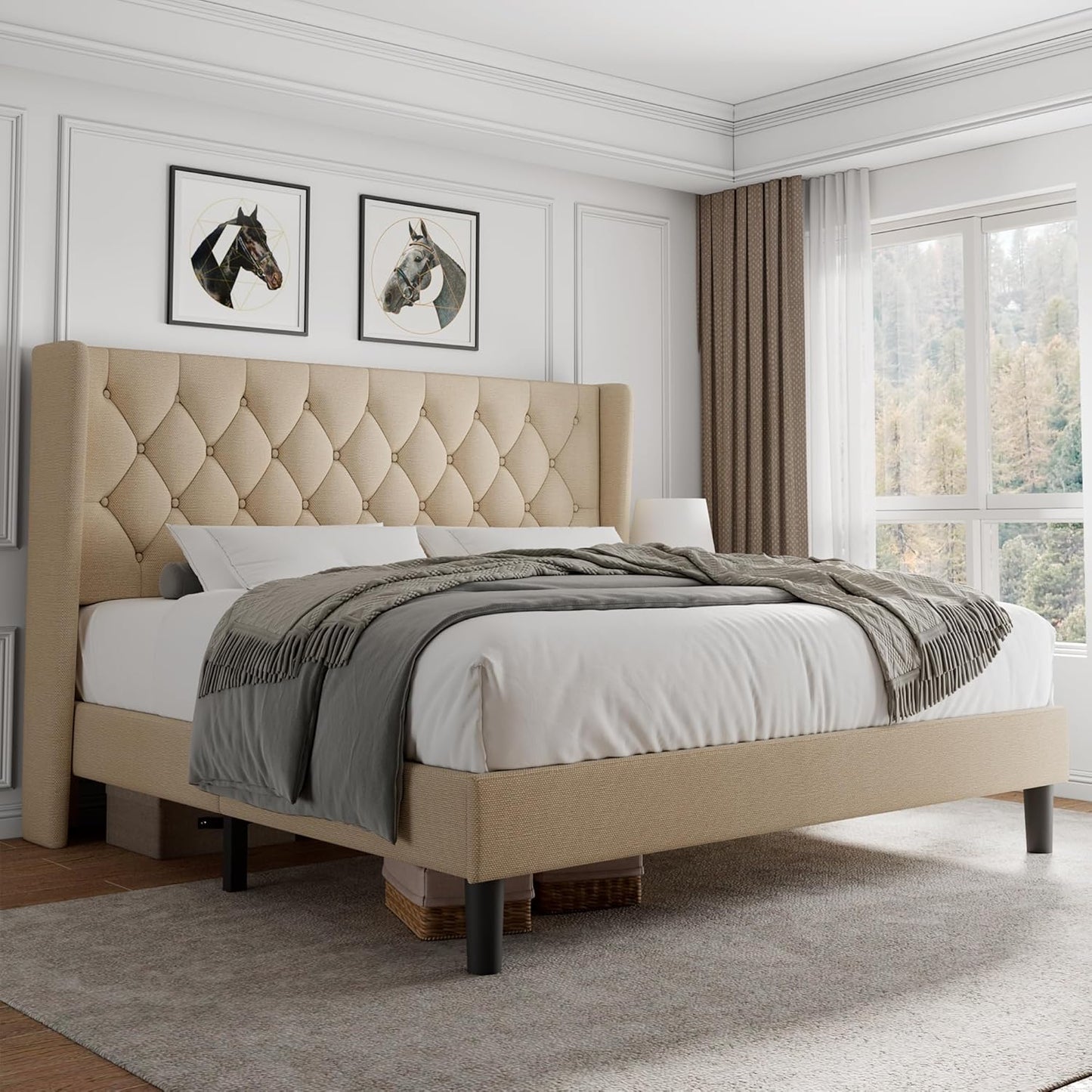 iPormis King Size Platform Bed Frame with Tufted Headboard