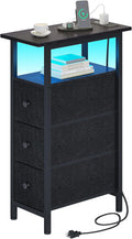 End Table with Charging Station, Narrow Black Side Table with LED