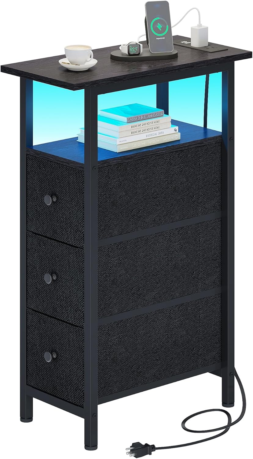 End Table with Charging Station and LED Light for Small Spaces