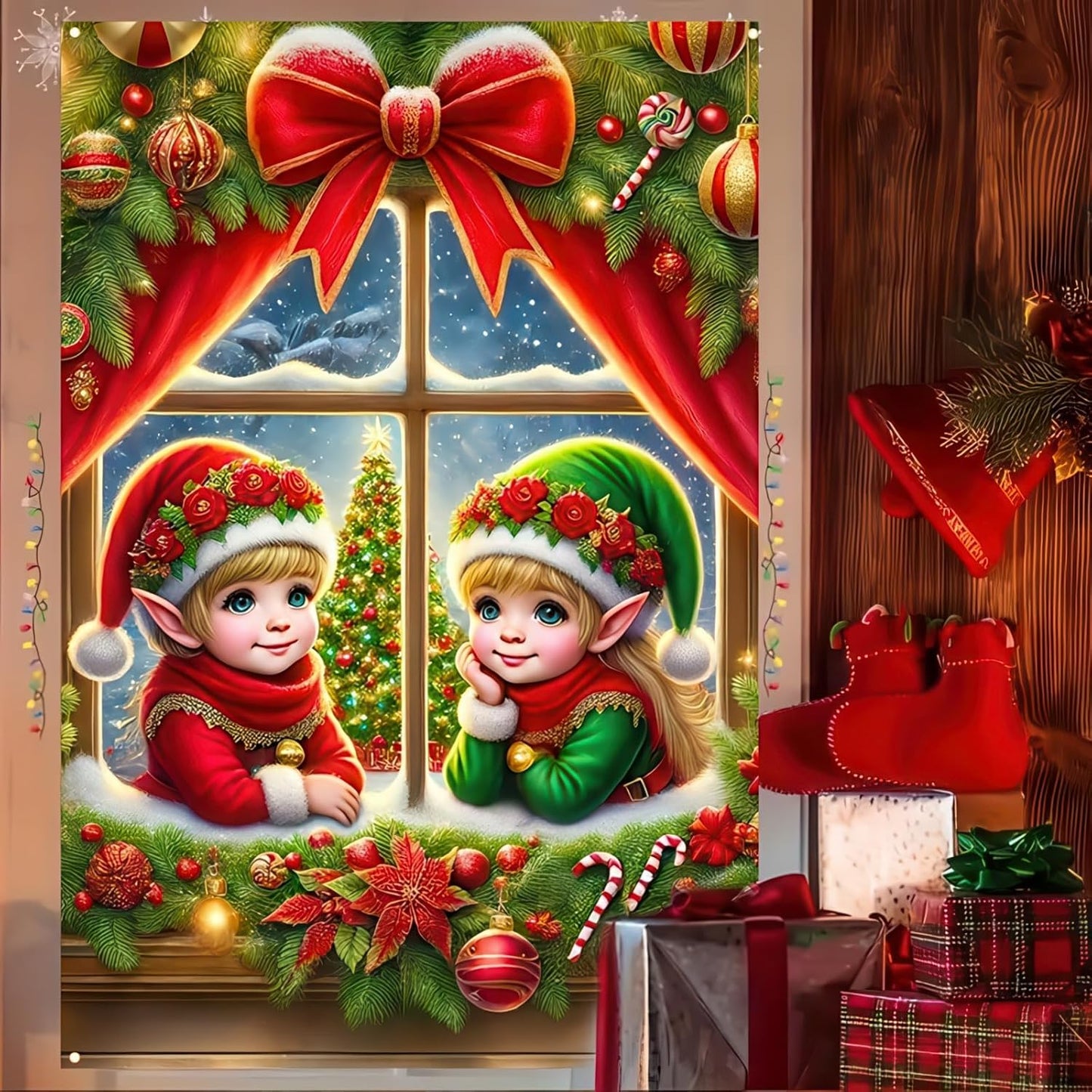 BlissYard Elf Backdrop Curtain - Festive Christmas Window Decor!