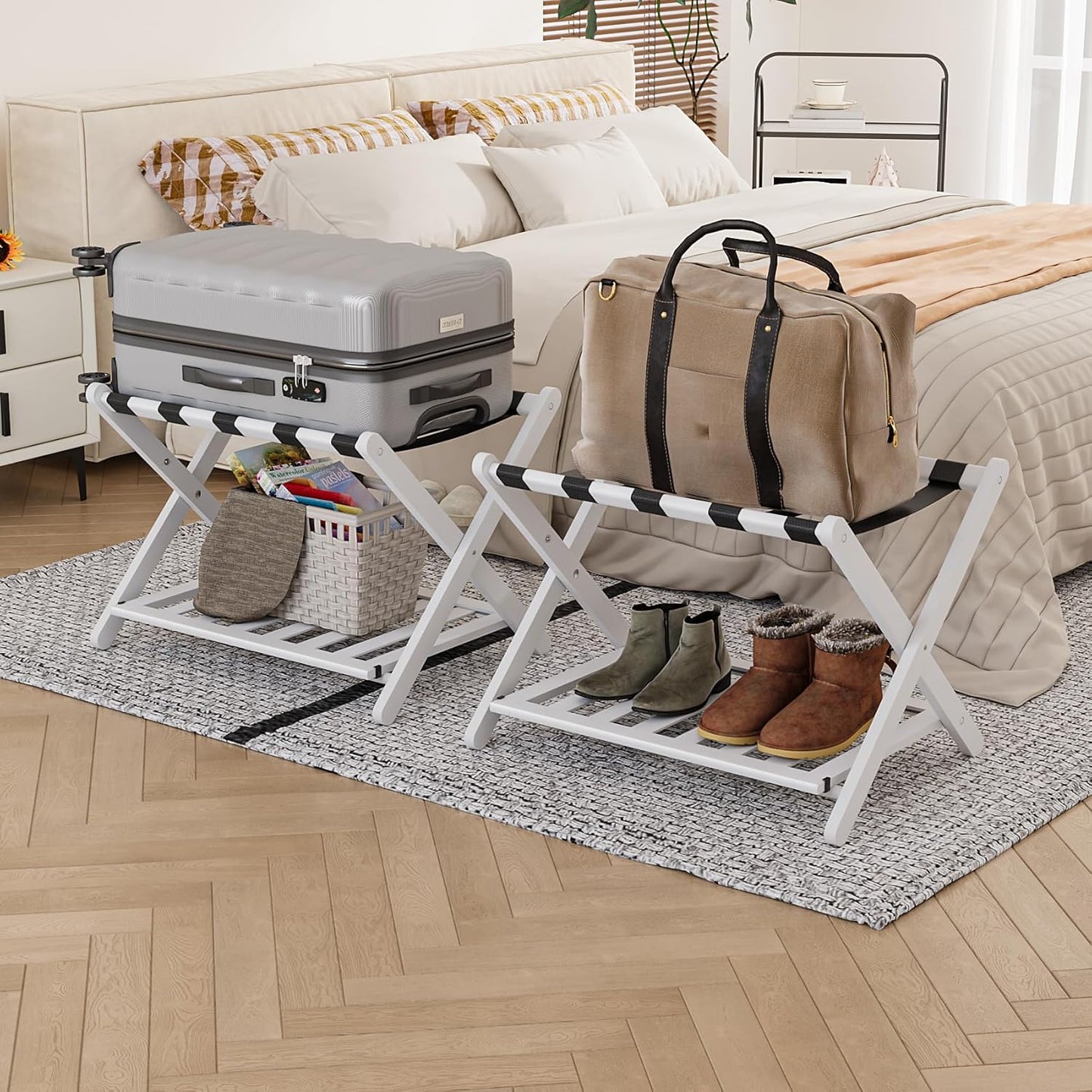 Fully Assembled White Luggage Racks with Shoe Shelf for Guests