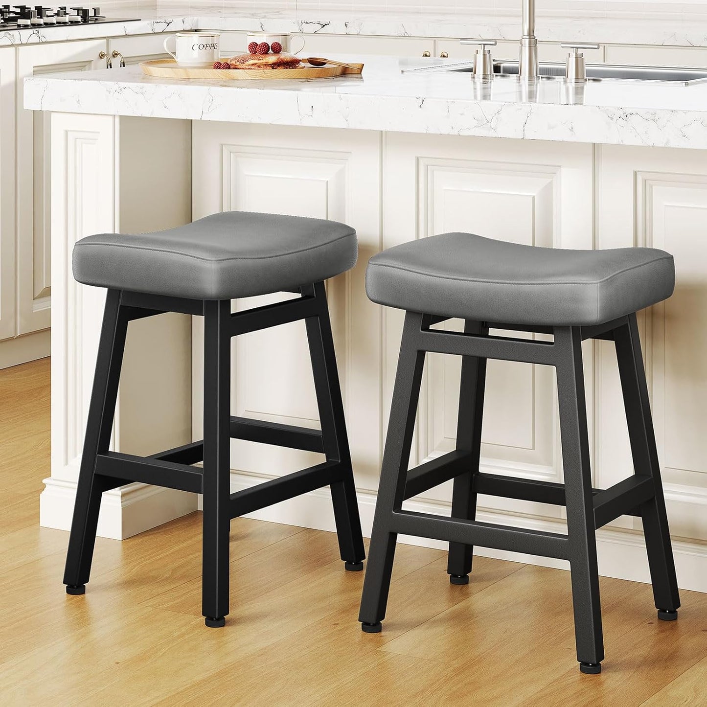 Counter Height Bar Stools Set of 2 with Saddle Seats and Metal Legs