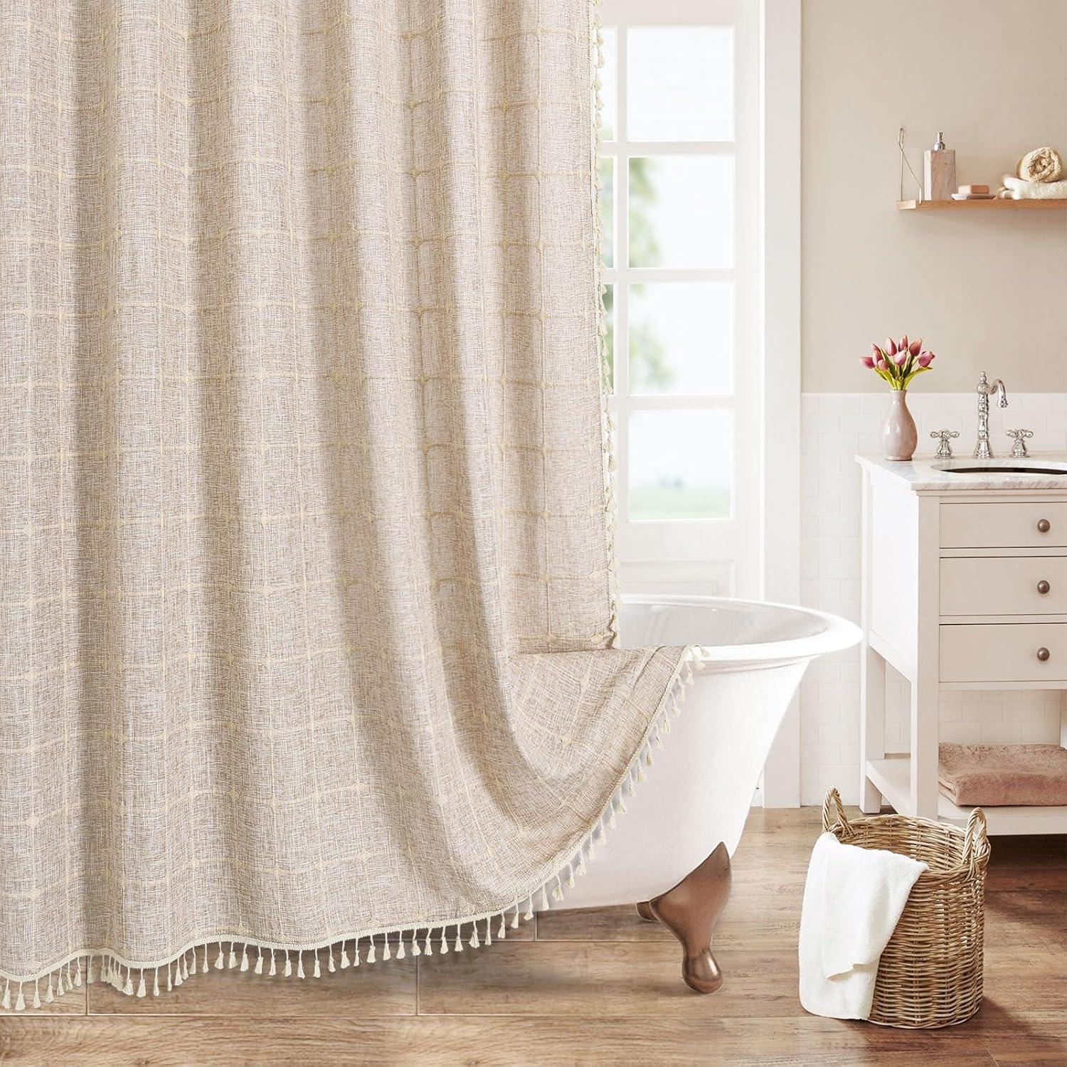 Boho Farmhouse Shower Curtain Set for Neutral Bathroom Decor