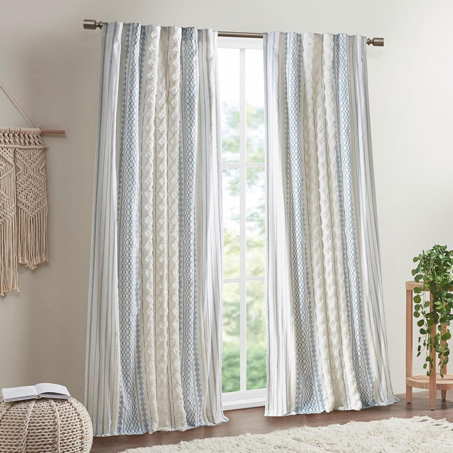 Boho Chenille Stripe Curtains - Light Filtering Bedroom Drapes