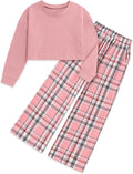 Girls Long Sleeve Pink Crop Top + Plaid Wide Leg Pants Set (Size 6-14)