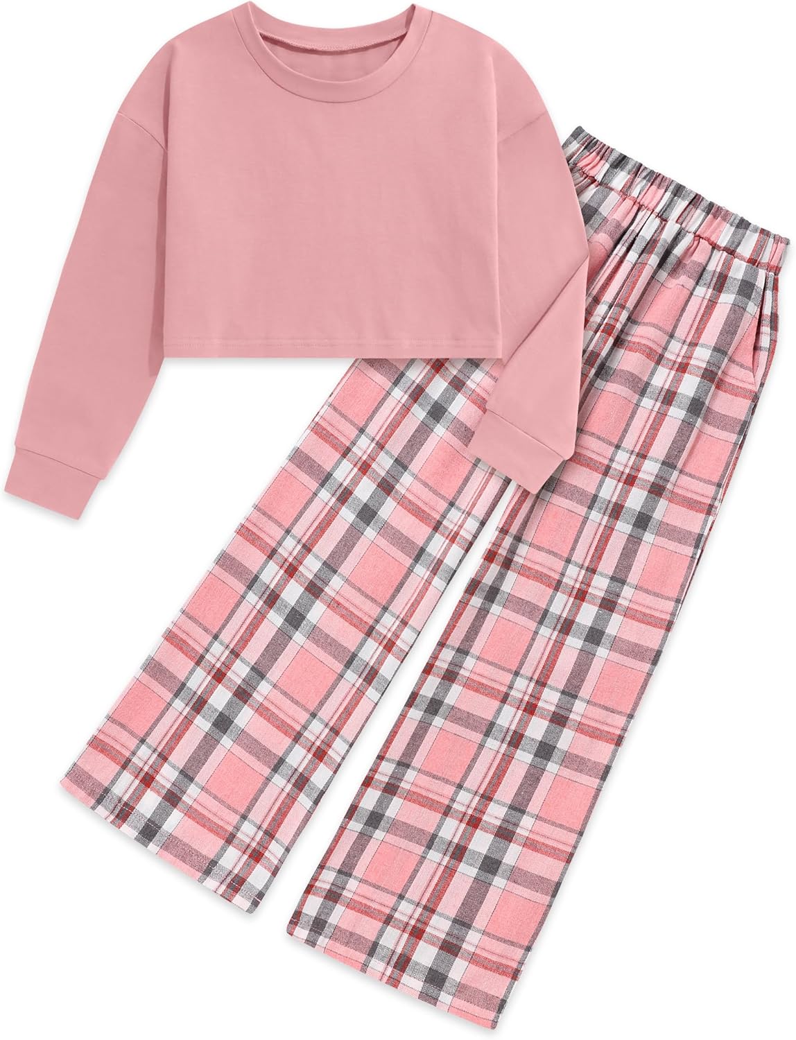 Girls Clothes Solid Long Sleeve Tops and Plaid Wide Leg Pants