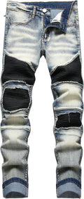 Men's Slim Fit Biker Moto Washed Distressed Jeans - Stretch Denim