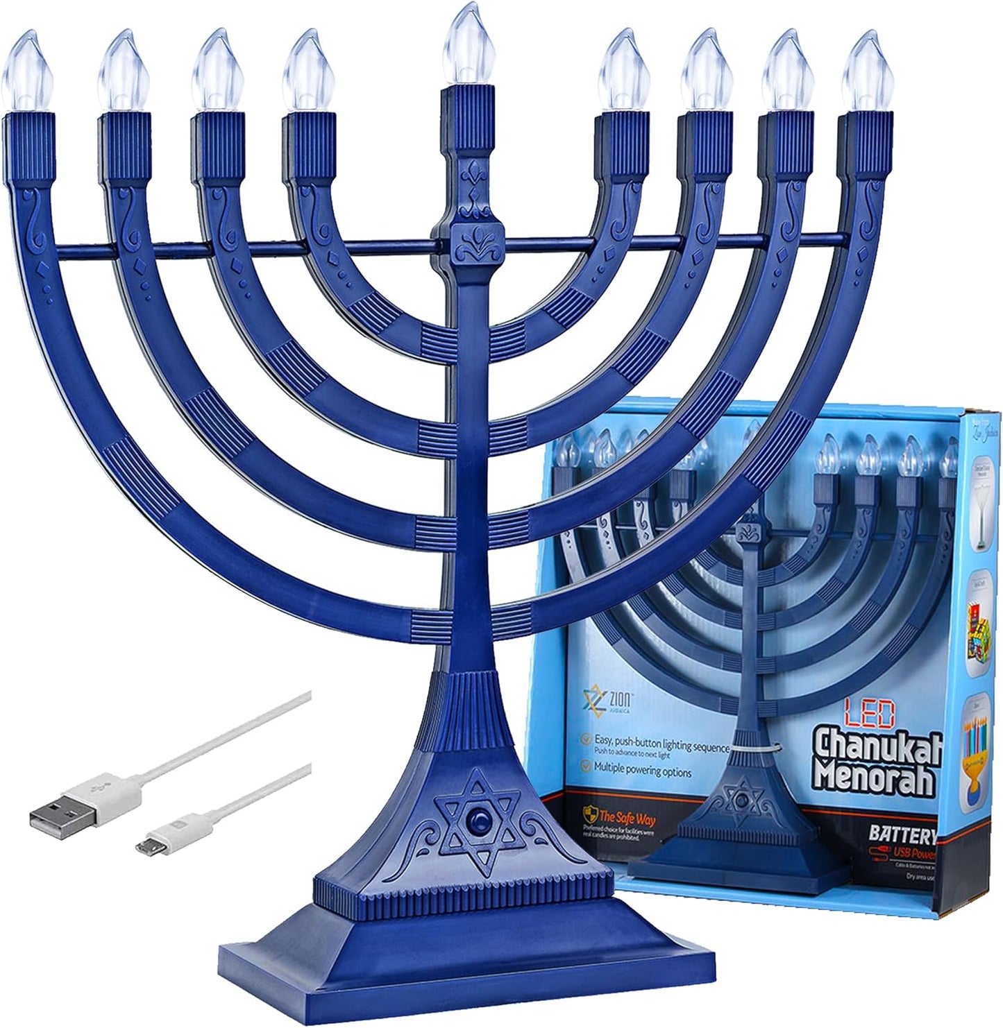 Zion Judaica Blue Electronic Hanukkah Menorah with USB Power