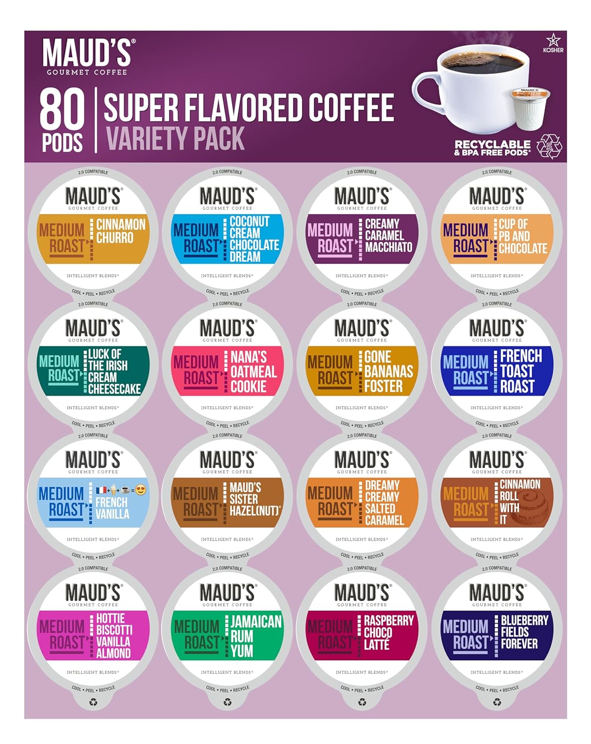 80ct MAUD'S Variety Pack - 16 Flavors -100% Arabica Pods