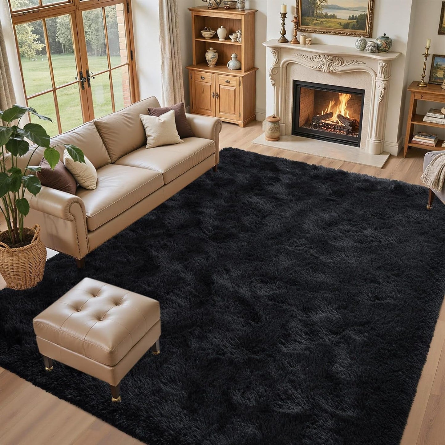 Fluffy Black Rugs for Living Room 5x7 ft Non-Slip Area Rug