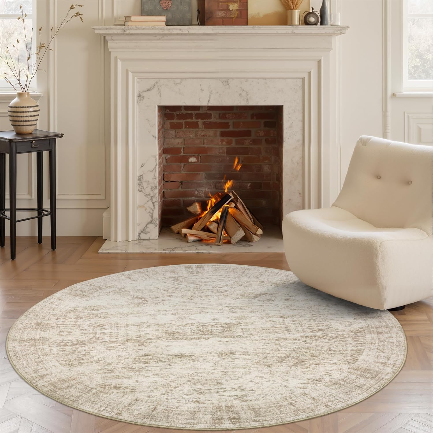 6x6 Round Rug for Living Room - Vintage Non-Slip Indoor Carpet