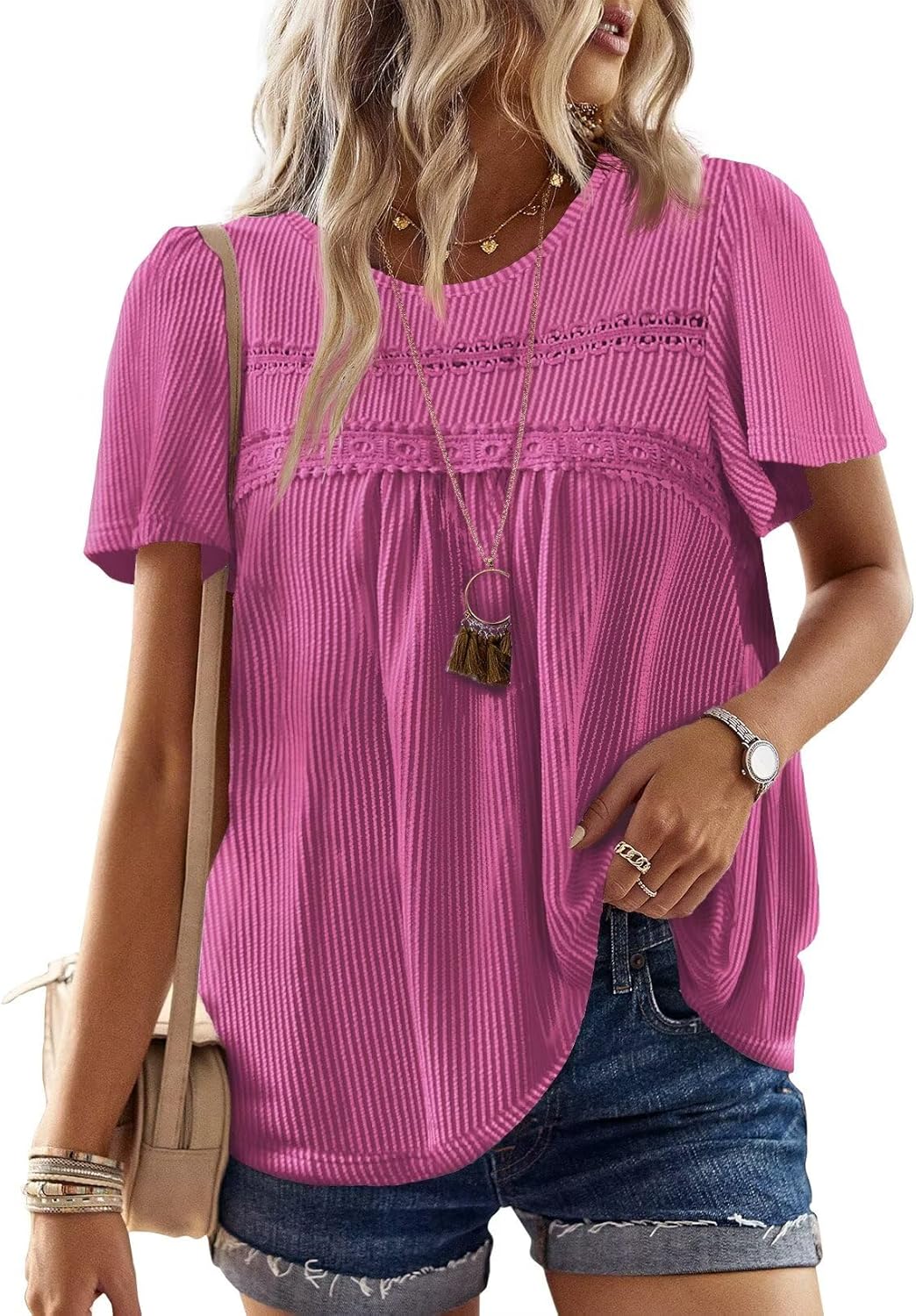 Womens Summer Tops Crewneck Short Sleeve Striped Shirts Casual