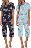 Ekouaer Women's 2 Pack Short Sleeve Pajama Sets - Comfortable Printed