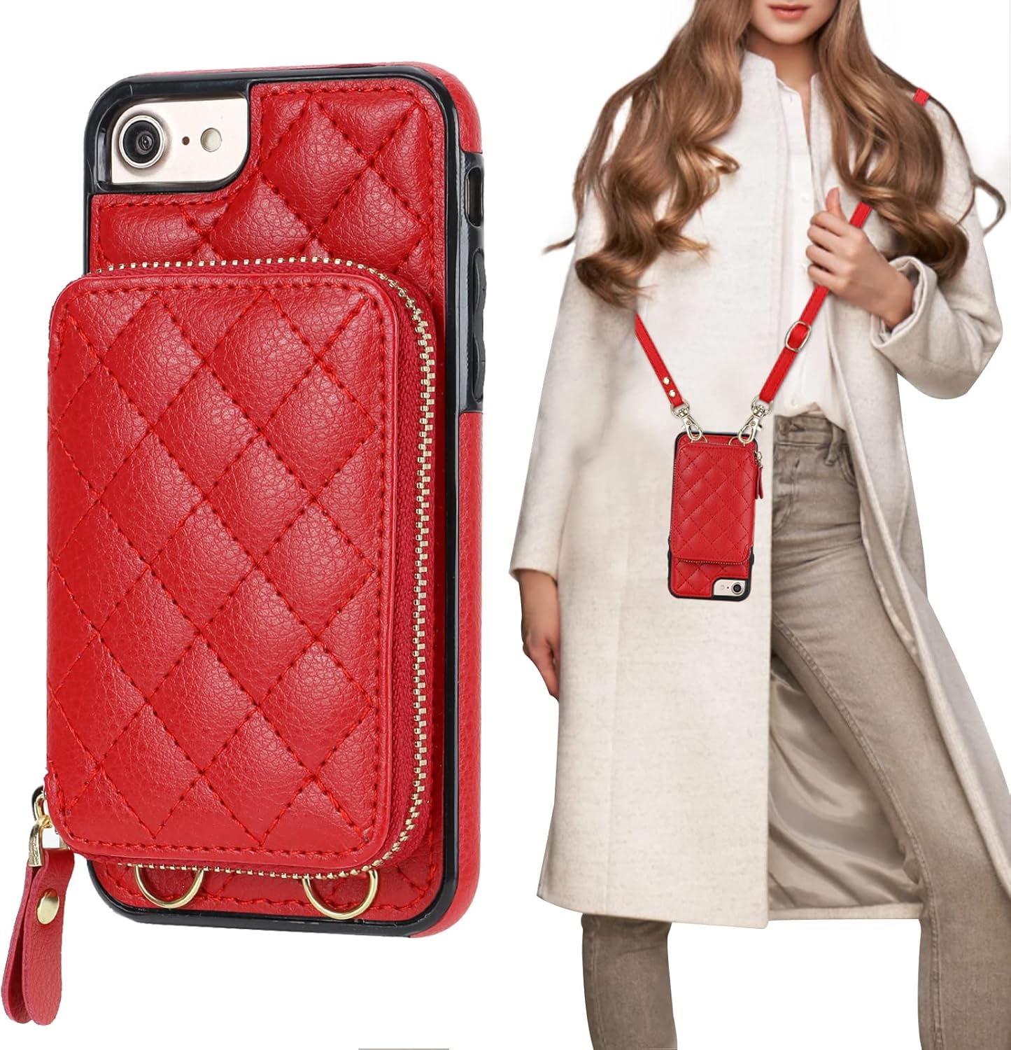Bocasal Crossbody Wallet Case for iPhone SE 2022/8/7 - Red