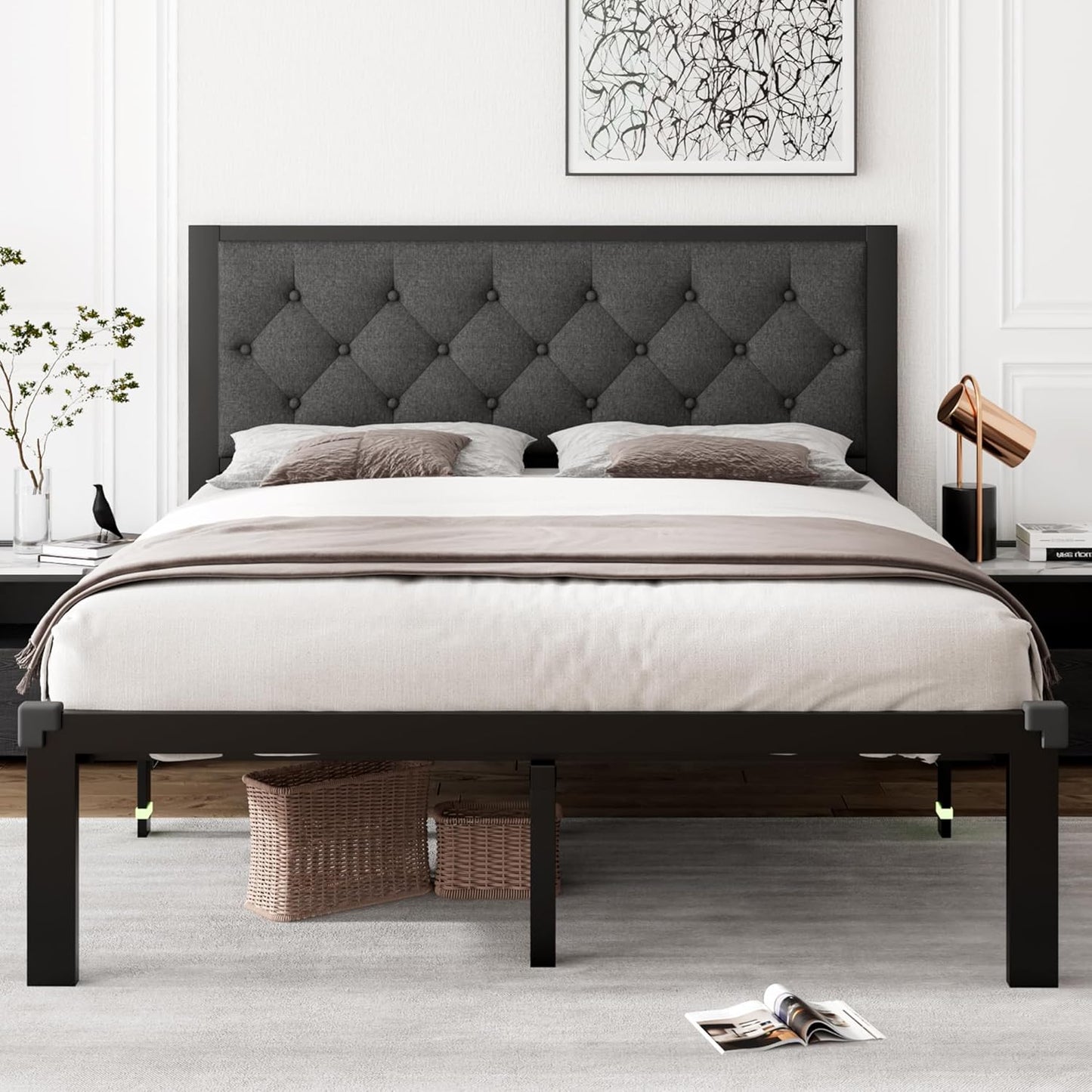 iPormis Queen Metal Bed Frame with Button Tufted Headboard