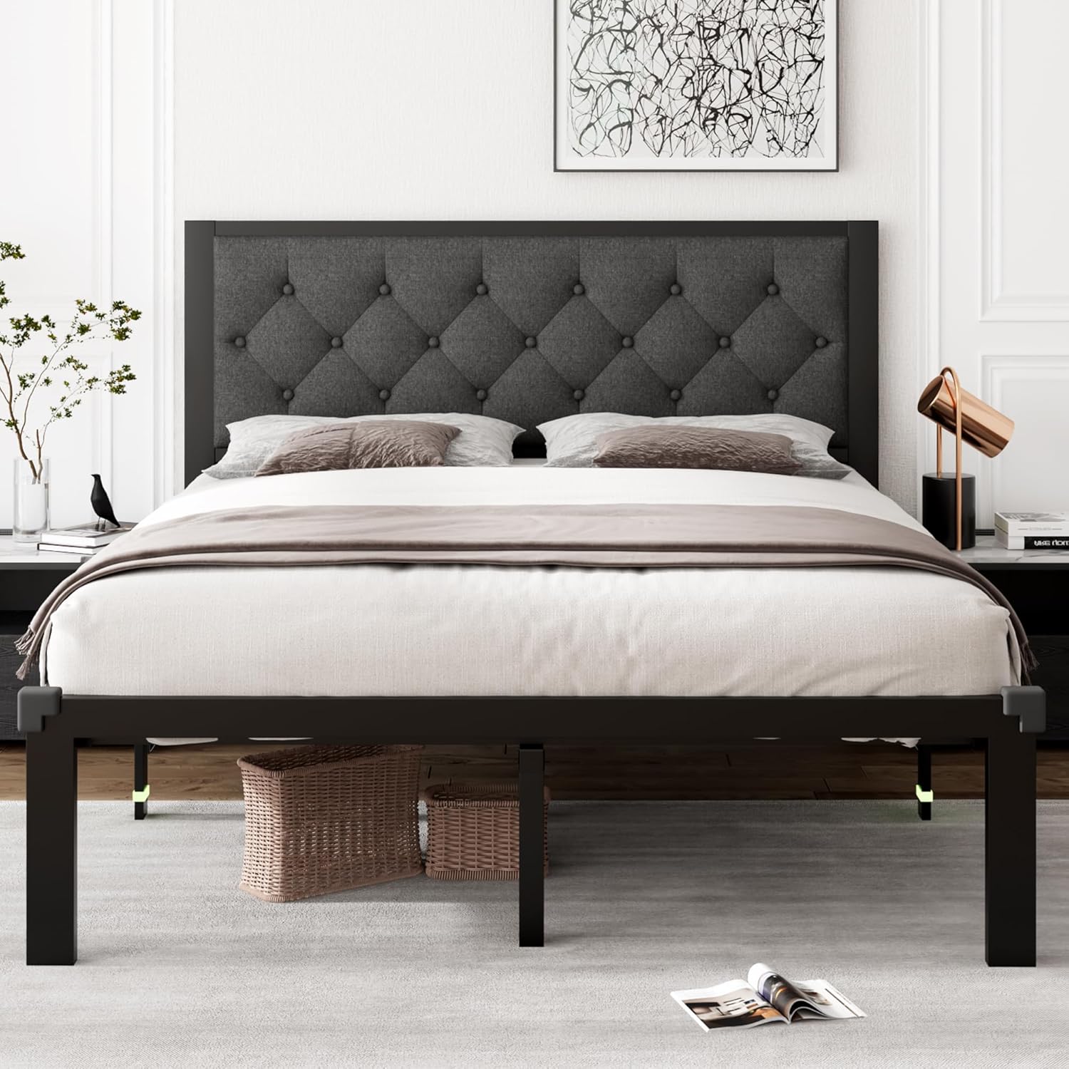 iPormis Queen Metal Bed Frame with Button Tufted Headboard