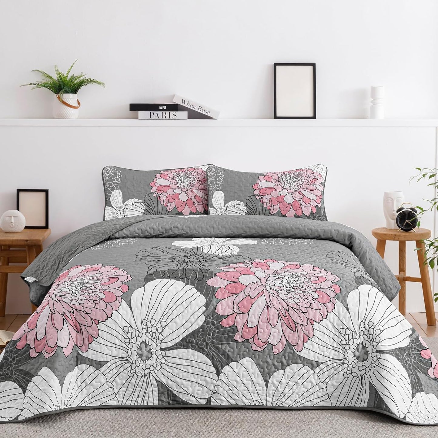 3 Piece King Size Floral Printed Quilt Set for All Seasons
