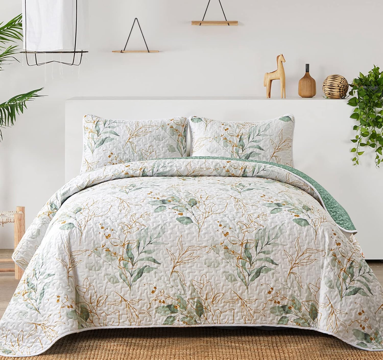 Floral Quilt Queen Size - Green Botanical 3 Piece Bedspread Set
