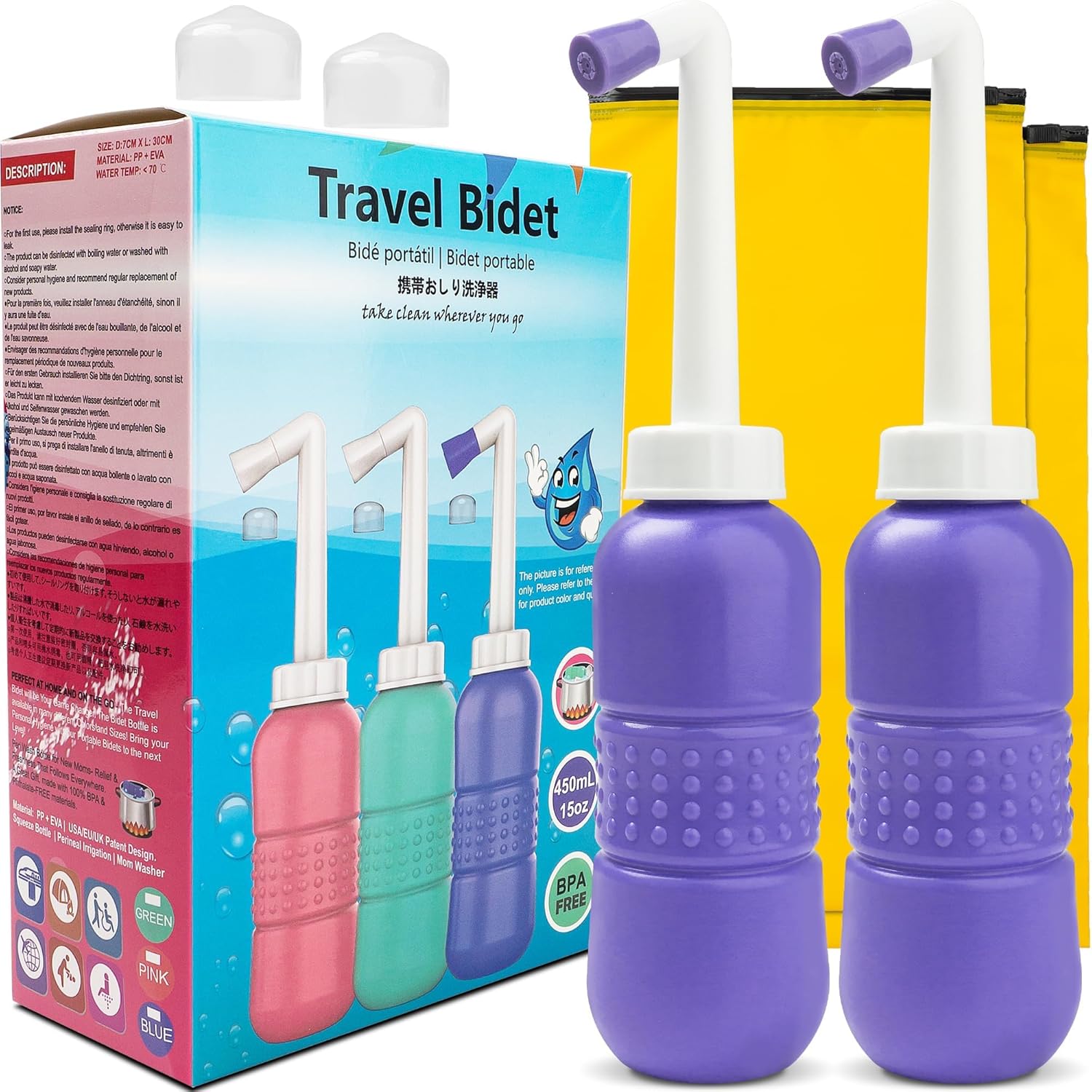 Travel-Sized Portable Bidet 450ml x2 Pack, Blue | Personal Hygiene Essential