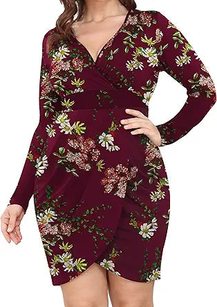 POSESHE Plus Size Dress with Deep V Neck and Front Slit